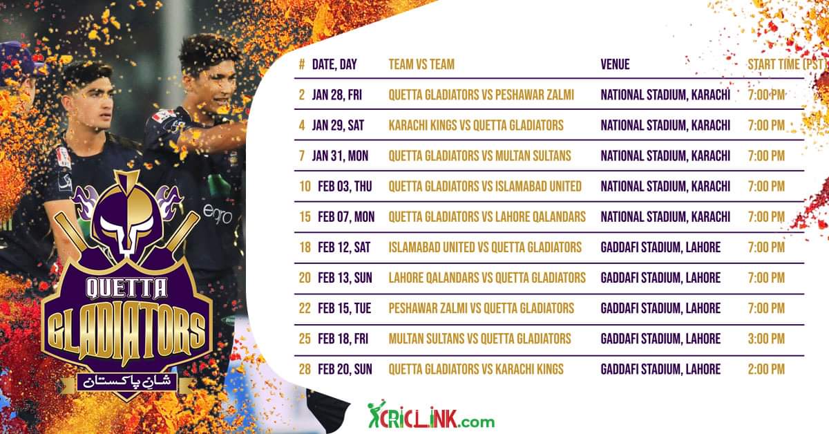 Quetta Gladiators Schedule 2023 QG Fixture 2023